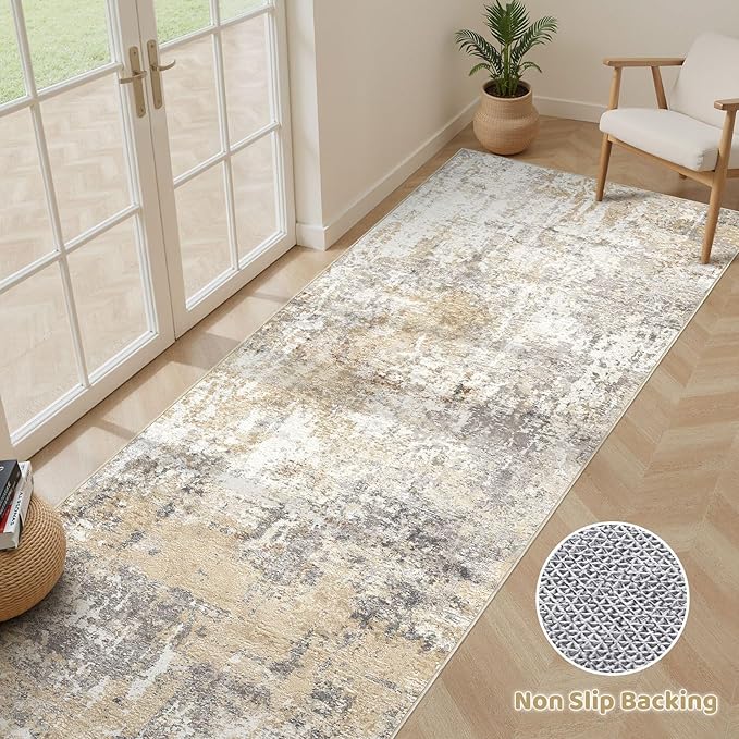 Runner Rug Kitchen Washable Rugs: 3x10 Non-Slip Abstract Soft Modern Stain Resistant Indoor Floor Neutral Accent Throw Carpet for Hallway Bathroom Laundry Room Entryway Bedroom- Gray Gold
