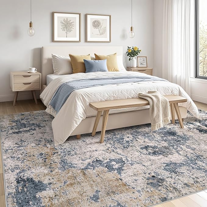 Area Rugs for Living Room: 6x9 Abstract Washable Rug Large Soft Stain Resistant Non-Slip Backing for Bedroom Dining Room Indoor Home Office Carpet for Kids Pet Friendly Families - Blue Brown