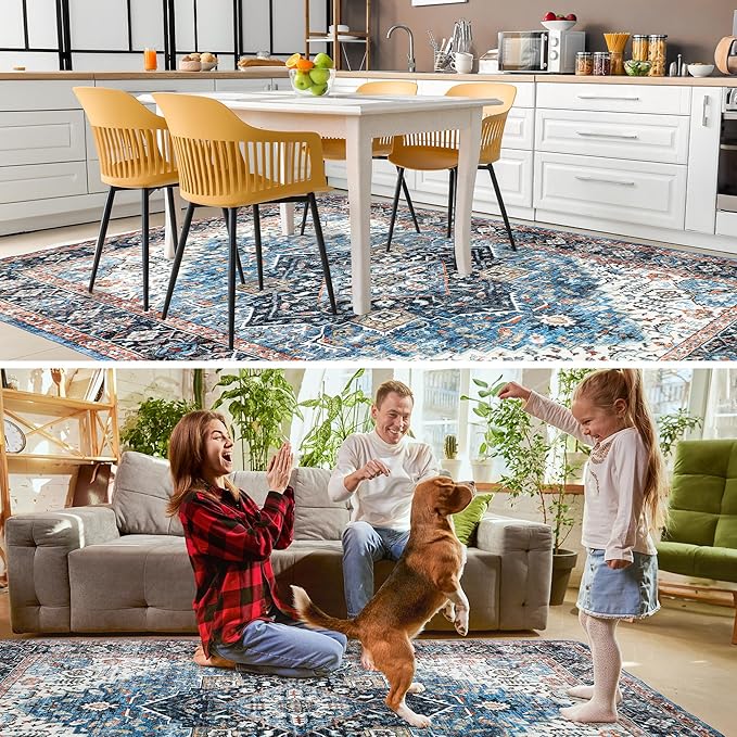 2x6 Runner Rug, Ultra-Thin Bathroom Rug, Blue Low Pile Laundry Room Mat, Machine Washable Boho Rug for Hallways Entryway Kitchen Bathroom Bedside Camper