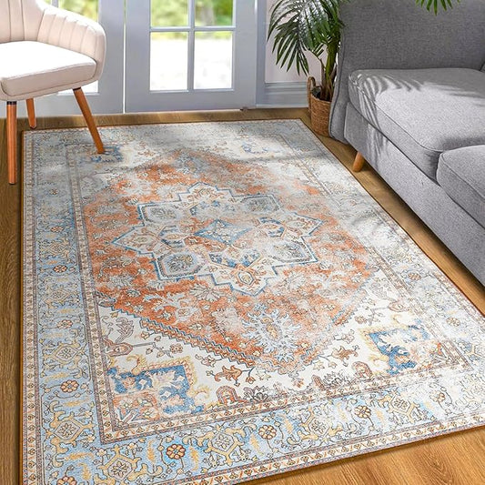 YJ.GWL Large Area Rug for Living Room, 5x7 Machine Washable Boho Rug for Bedroom, Low Pile Lightweight Thin Rugs Floral Vintage Distress Print Pattern Carpet for Dining Room, Brick