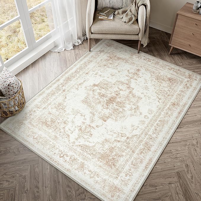 Area Rug 4x6 Washable Beige Rug Vintage Boho Medallion Entryway Door Mat Distressed Retro Carpet Non Slip Low Pile Small Soft for Office Kitchen Bedroom Laundry Bathroom Hallway