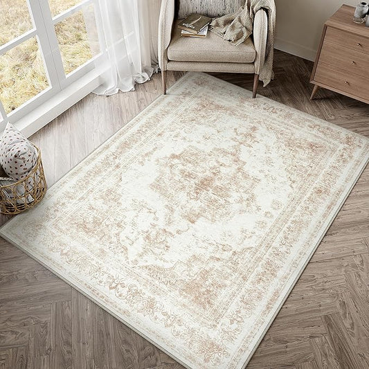 Area Rug 4x6 Washable Beige Rug Vintage Boho Medallion Entryway Door Mat Distressed Retro Carpet Non Slip Low Pile Small Soft for Office Kitchen Bedroom Laundry Bathroom Hallway