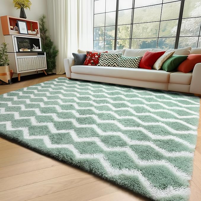 RUGTUDER Soft 5x8 Area Rug, Washable Shaggy Fluffy Striped Shag Rugs for Living Room Bedroom Baby Nursery Girls Boys Kids Room Teens Dorm, Non-Slip Plush Chevron Indoor Floor Rug, Sage Green and White