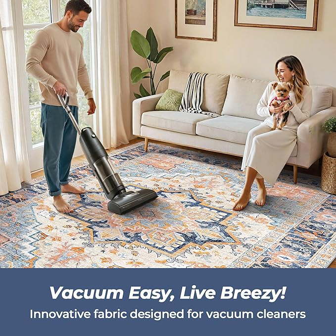 Washable Area Rugs 9x12 Living Room Boho Non Slip Thin Carpet Stain Resistant Vintage Multicolor Printed Oriental Foldable Distressed Rug for Bedroom Indoor House