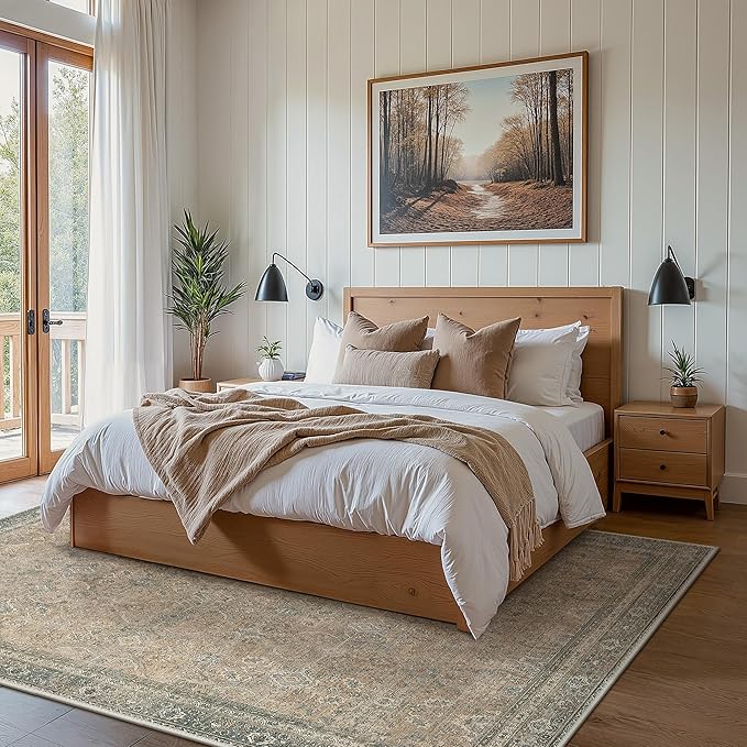 8X10 Area Rugs Machine Washable Rugs for Living Room, Vintage Boho Large Rugs for Bedroom Dining Room, Non Slip Indoor Soft Distressed Lightweight Thin Low Pile Carpet, Sandy Taupe