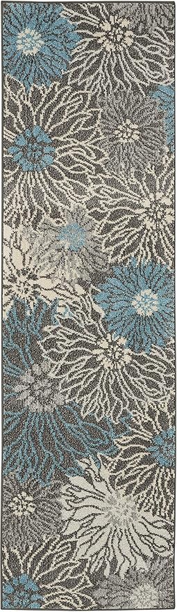 Nourison Passion Charcoal/Blue 2'2" x 7'6" Area Rug, Floral, Farmhouse, Easy Cleaning, Non Shedding, Bed Room, Living Room, Dining Room, Kitchen, (8' Runner)