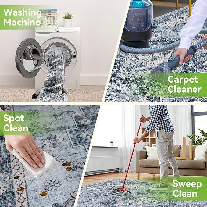 2x6 Runner Rug, Ultra-Thin Bathroom Rug, Blue Low Pile Laundry Room Mat, Machine Washable Boho Rug for Hallways Entryway Kitchen Bedside Camper