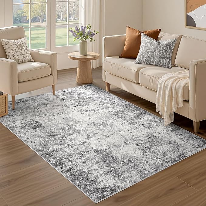 3x5 Area Rug Living Room Rugs - Washable Neutral Modern Abstract Soft Thin Rug Indoor Floor No Slip Rug Carpet for Bedroom Under Dining Table Home Office Decor - Grey