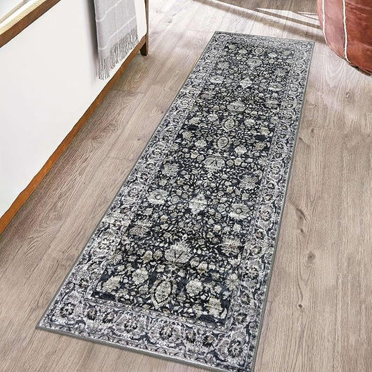Vintage Kitchen Runner - 2x6 Floral Rug, Washable, Non-Slip, Low Pile, Distressed Boho Rug for Hallways, Bedroom, Laundry Room, Entryway