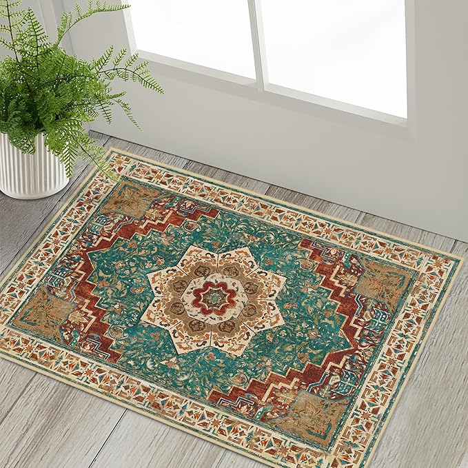 Washable Area Rug 2x3 Boho Entryway Rug Non Slip Small Vintage Rug for Entryway Door Mat Oriental Distressed Low-Pile Teal Rust Floor Carpet for Indoor Front Entrance Kitchen Bathroom Hallway