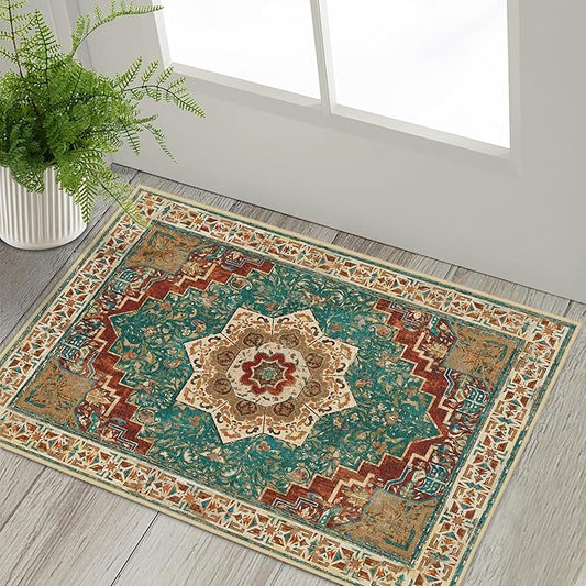 Washable Area Rug 2x3 Boho Entryway Rug Non Slip Small Vintage Rug for Entryway Door Mat Oriental Distressed Low-Pile Teal Rust Floor Carpet for Indoor Front Entrance Kitchen Bathroom Hallway