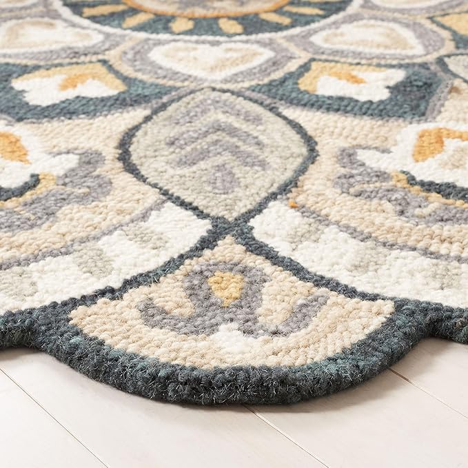 SAFAVIEH Novelty Collection Area Rug - 9' Round, Beige & Navy, Handmade Boho Floral Rustic Country Wool, Ideal for The Living Room, Dining Room, Bedroom (NOV604B-9R)