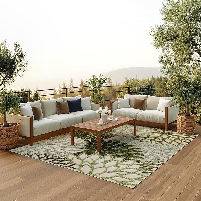 Nourison Aloha Indoor-Outdoor Ivory Green 9' x 12' Area Rug, Easy Cleaning, Non Shedding, Bed Room, Living Room, Dining Room, Backyard, Patio, Deck (9x12)