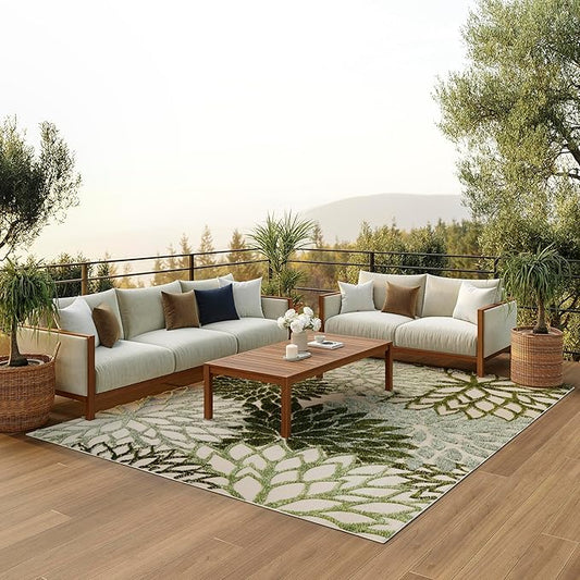 Nourison Aloha Indoor-Outdoor Ivory Green 9' x 12' Area Rug, Easy Cleaning, Non Shedding, Bed Room, Living Room, Dining Room, Backyard, Patio, Deck (9x12)