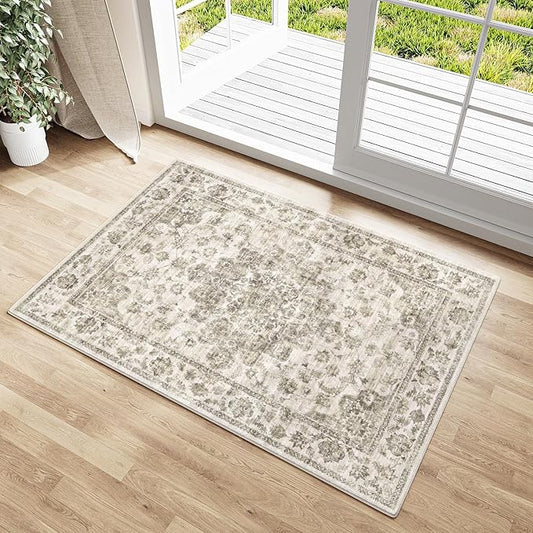2x3 Washable Neutral Area Rug Taupe Entryway Kitchen Non-Slip Low Pile Floral Carpet Door Mat Vintage Soft Thin Small Throw Rug for Bathroom Bedroom Indoor Entrance