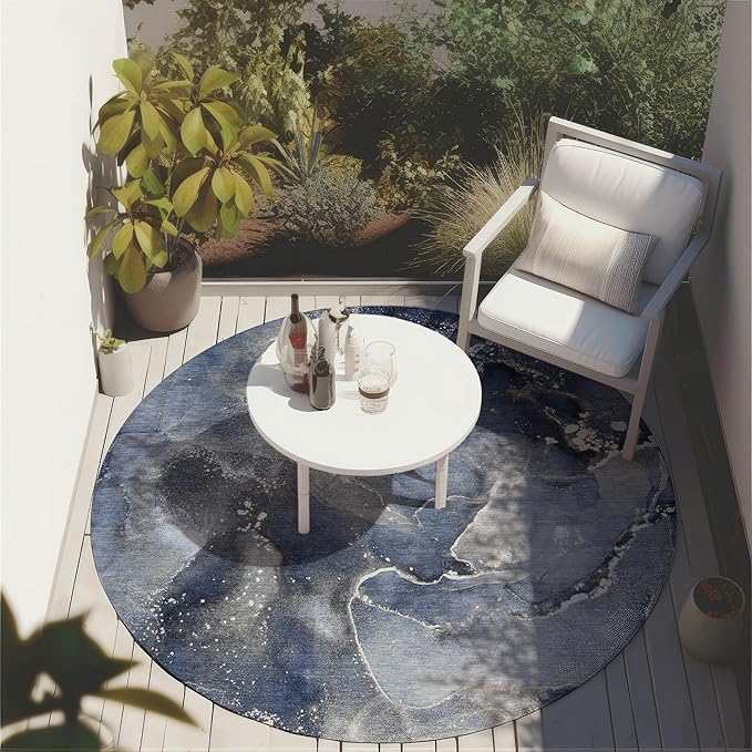 Addison Rugs Chantille ACN518 Blue 8' x 8 Indoor Outdoor Round Area Rug, Stain Resistant, Machine Washable, Non Shedding, Bedroom, Living Room, Dining Room, Kitchen Rug