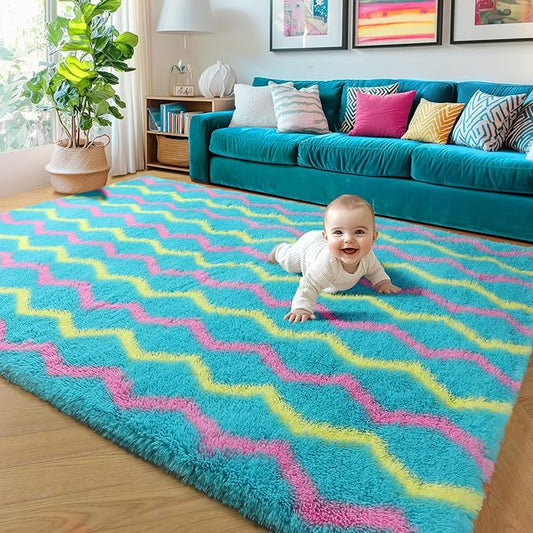 RUGTUDER Soft Fluffy Rug for Bedroom, 5x8 Washable Fuzzy Striped Rugs for Girls Teens Dorm, Non Slip Shaggy Unicorn Area Rug for Living Room Boys Kids Room Playroom Decor, Teal Pink Yellow
