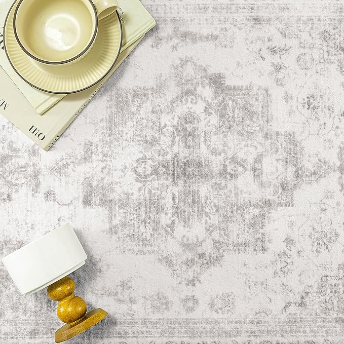 Washable Rug 8x10 Area Rug for Living Room Light Gray Vintage Boho Medallion Large Grey Distressed Retro Carpet Non Slip Indoor Low Pile Small Soft Bedroom Dining Room Home Office