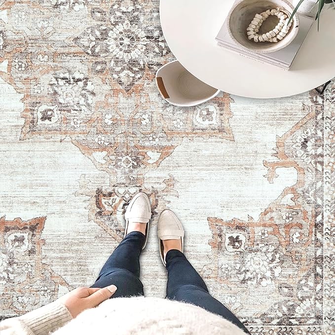 2x3 Rug Entryway Rugs: Washable Boho Vintage Small Rug Indoor Medallion Soft Non Slip Ultra Thin Non-Shedding Front Door Mat for Kitchen Bedroom (Brown, 2' x 3')
