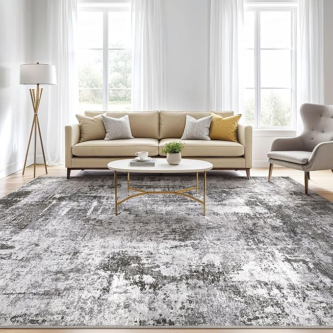 10x12 Area Rug Living Room: Washable Large Abstract Modern Soft Rugs Stain Resistant Indoor Floor Non Slip Accent Carpet for Bedroom Nursery Playroom Office Dining Room Dorm Home House- Black Gray