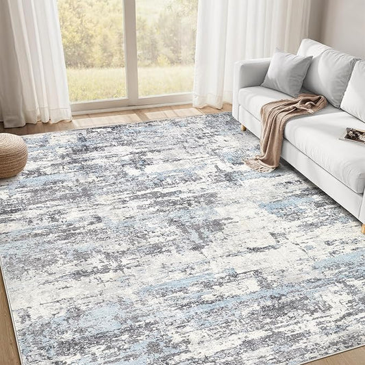 Area Rugs for Living Room: 5x7 Abstract Washable Rug Modern Neutral Large Soft Stain Resistant Non-Slip Backing Machine Table for Bedroom Dining Room Indoor Home Office Carpet - Blue Grey