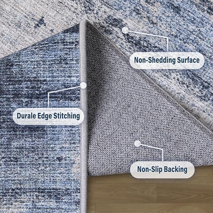 10x14 Area Rugs for Living Room: Large Machine Washable Area Rug with Non Slip Backing Non Shedding Abstract Stain Resistant Carpet for Bedroom Dining Room Nursery Home Office - Beige/Blue