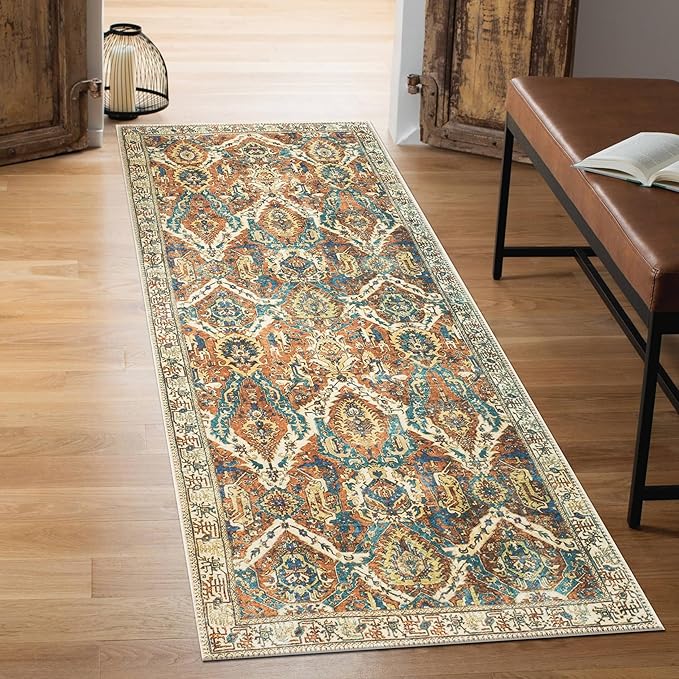 Keen Home Design 2x10 Rug - Machine Washable Runner Rug with Non-Slip Backing, Ideal for Hallway, Entryway, Kitchen, Laundry Room - Vintage, Easy Clean, Durable, Low Pile Rug - (2'6" x 10')