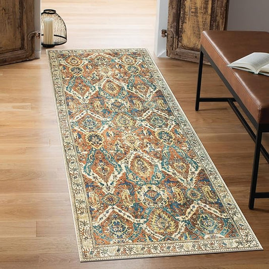 Keen Home Design 2x10 Rug - Machine Washable Runner Rug with Non-Slip Backing, Ideal for Hallway, Entryway, Kitchen, Laundry Room - Vintage, Easy Clean, Durable, Low Pile Rug - (2'6" x 10')