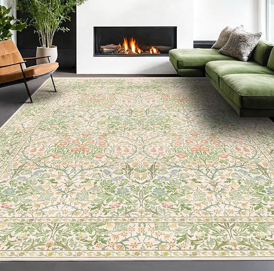 Washable 8x10 Rugs for Living Room, Light Green Oriental Rugs for Bedroom Dining Room Under Kitchen Table, Stain Resistant Non-Slip Pastel Large Washable (8x10 Beige Green)