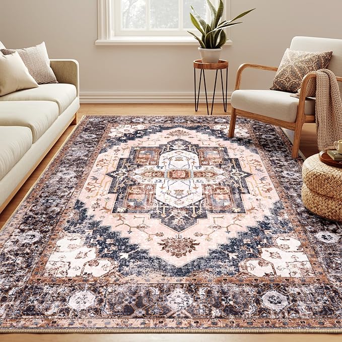 Washable 6x9 Area Rugs, Rugs for Living Room, Low-Pile Water&Stain Resistant Carpet Vintage Distressed Printed Non-Slip Carpet for Bedroom Bathroom Kitchen-Pink/Brown/Navy Blue/Black