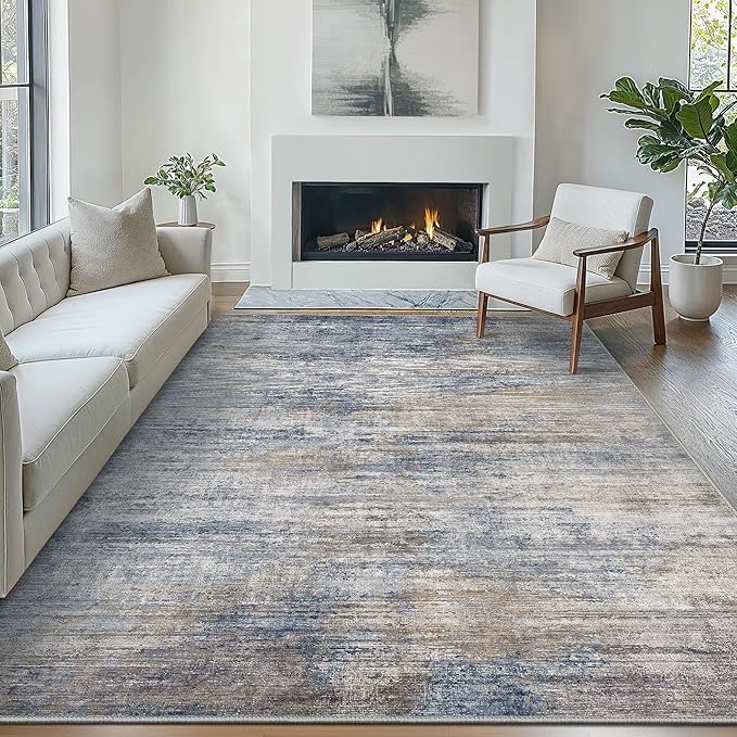 Bavni Washable Rug, Soft Abstract Rugs Non-Slip, Thin Foldable 6x9 Rug, Modern Stain Resistant Area Rug for Living Room, Kitchen, Bedroom, Blue/Light Grey