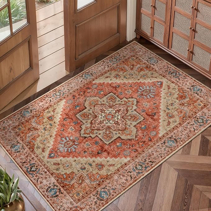 Vintage Rug 2x3 Washable Rug for Entryway, Non Slip Small Area Rug, Indoor Front Door Rug, Print Distressed Door Mat Carpet, Soft Low Pile Rugs for Entrance Kitchen Bedroom Bathroom