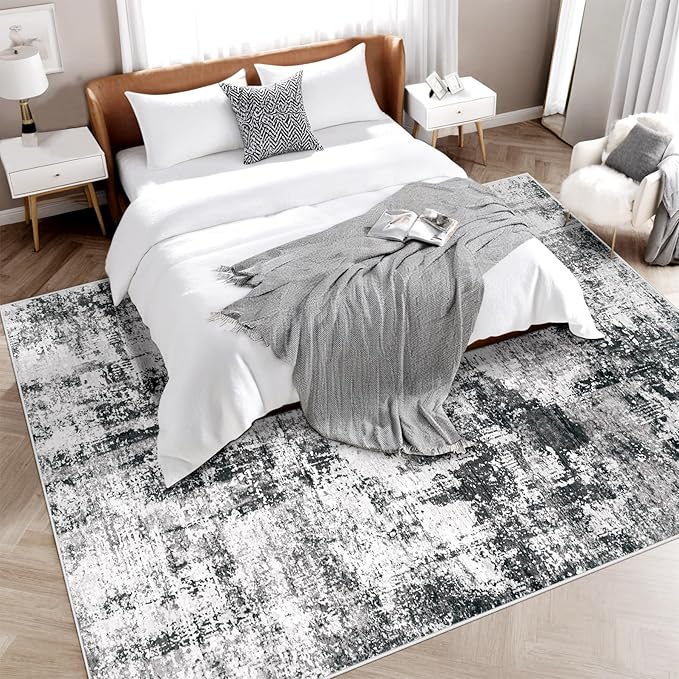 Washable Area Rug 6x9 for Living Room: Abstract Large Rugs Neutral Modern Carpet with Non Slip Backing for Bedroom Dining Room Office (Black Grey, 6'x9')