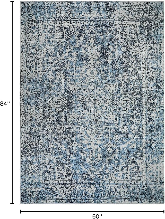 Morebes Vintage Blue 5x7 Rugs for Living Room, Washable Large Bedroom Area Rug with Non Slip Rubber Backed, Stain Resistant Low Pile Soft Indoor Carpet for Dining Room Office Kitchen