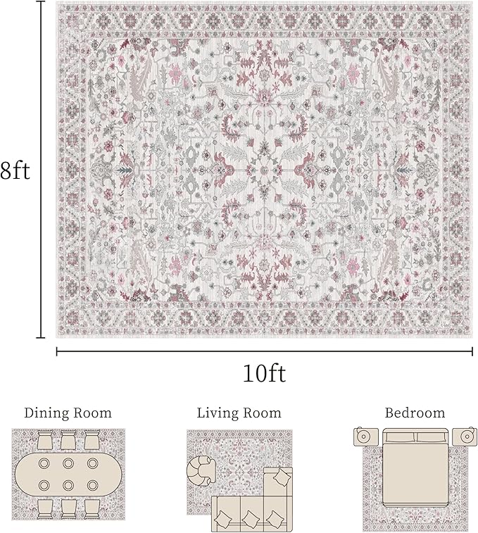 8x10 Rug, Washable Neutral Boho Modern Vintage Non Slip Floral Area Rugs, Low Pile Soft Rugs, Area Rugs, Slip Resistance Carpet, Pet-Friendly Carpet, Durable Rug for Living Room, Bedroom