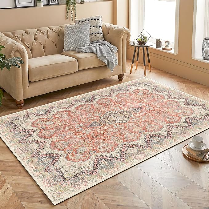 Boho Rug 3x5 Area Rugs, Washable Vintage Rug for Bedroom Living Room Kitchen Office Laundry Room, Non Slip Small Soft Rugs Retro Distressed Floor Carpet, Red Grey