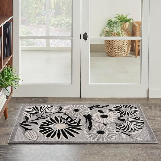 Nourison Aloha Indoor/Outdoor Black White 2'8" x 4' Area Rug, Easy Cleaning, Non Shedding, Bed Room, Living Room, Dining Room, Backyard, Deck, Patio (3x4)