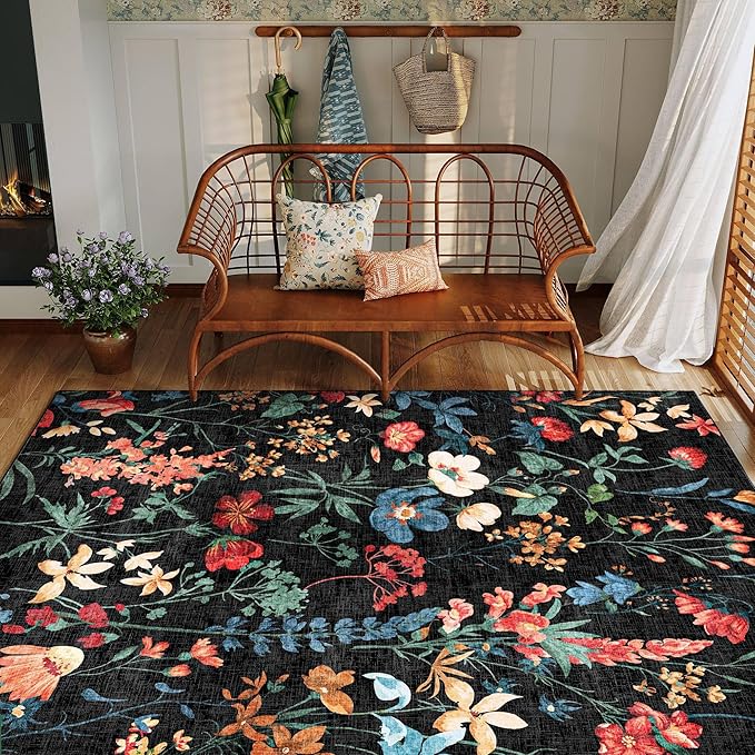 Black Area Rug 8x10 Floral Washable Living Room Kitchen Boho Carpet Non Slip Low Pile Indoor Accent Lightweight Soft Throw Rug for Bedroom Office Dining Room Nursery Farmhouse