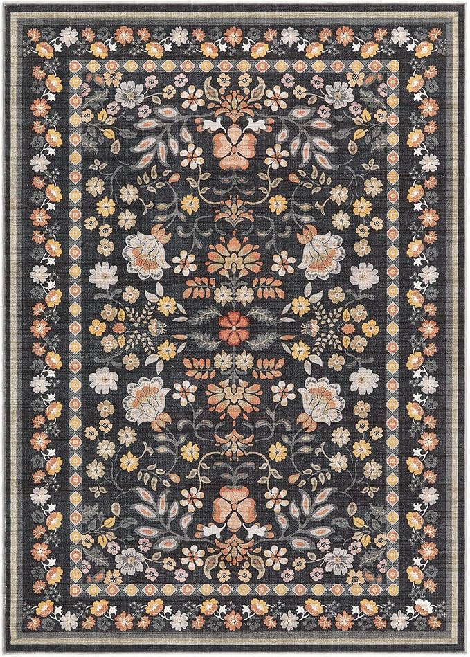 10x14 Area Rug Living Room Rugs - Washable Boho Vintage Floral Large Soft Non Slip Thin Rug Low Pile Carpet for Bedroom Dining Room Kids Playroom Office Decor Indoor- Black Grey