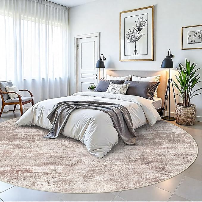 Washable Abstract 9ft Round Rugs - Large Rugs for Living Room Non Slip Indoor Entryway Rubber Backing Carpet Bedroom Kitchen Distressed Stain Resistant Floor Decor Mat Machine Washable 9ft Brown