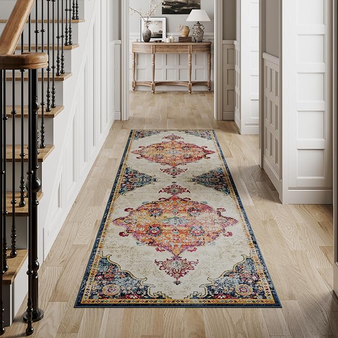 Dripex 2x8 Runner Rug, Machine Washable Non Slip Area Rug,Boho Kitchen Runner Rug, No Pile Lightweight Vintage Rug, Floor Carpet for Entryway, Hallway, Kitchen and Corridor,Multi