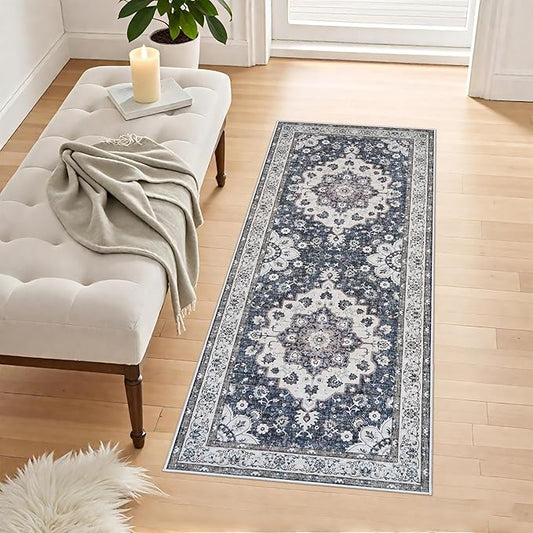 2x5 Washable Entryway Runner Rug: Vintage Low Pile Rugs for Kitchen Bedroom Oriental Stain Resistant Hallway Bathroom Carpet Accent Floor Mat with Non-Slip Backing for Laundry Home Office (2x5,Blue)
