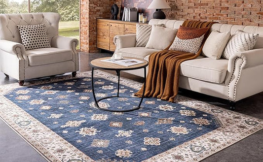 Soft Washable Faux Wool 6x9 Large Stain Resistant Rug Rubber Non-Slip Backing for Hallway Kitchen Bathroom Living Room Bedroom Indoor Doormat Dining Room Carpet Mat (Navy Blue, 6' x 9')