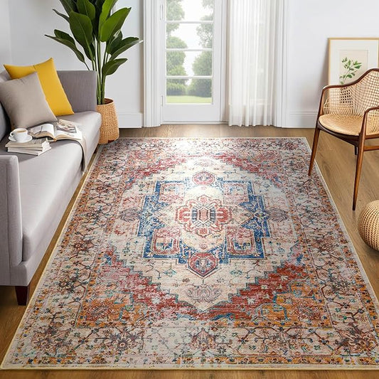 YJ.GWL Large Area Rug for Living Room, 5x8 Machine Washable Boho Rug for Bedroom, Low Pile Lightweight Thin Rugs Floral Vintage Distress Print Pattern Carpet for Dining Room, Orange