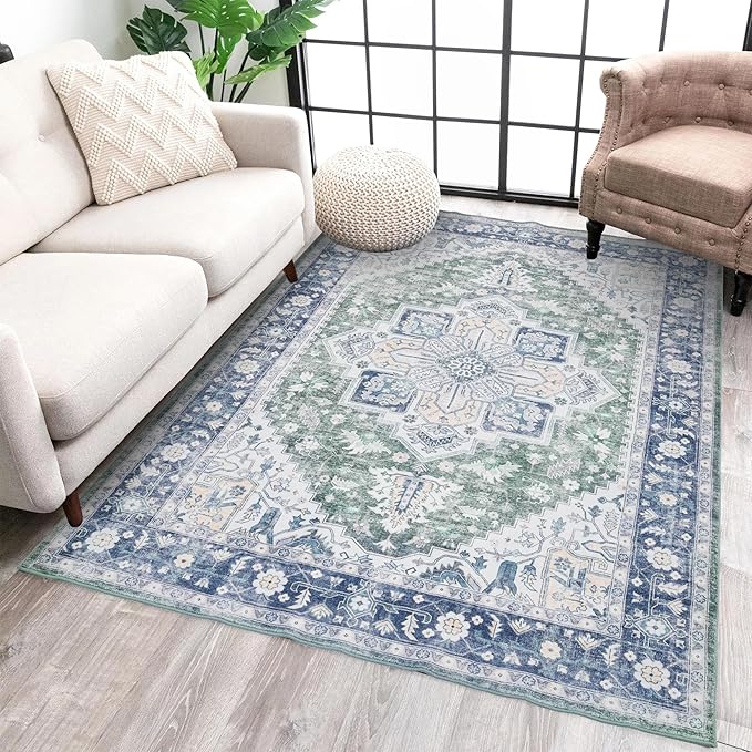 Vintage Area Rugs 5x7 Washable Rug Boho Soft Living Room Rugs, Non-Slip Non-Shedding Ultra-Thin Large Vintage Rug for Bedroom Farmhouse Dining Room Indoor Playroom, Blue Carpet 5x7