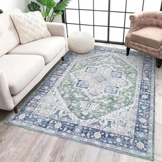 Vintage Area Rugs 5x7 Washable Rug Boho Soft Living Room Rugs, Non-Slip Non-Shedding Ultra-Thin Large Vintage Rug for Bedroom Farmhouse Dining Room Indoor Playroom, Blue Carpet 5x7