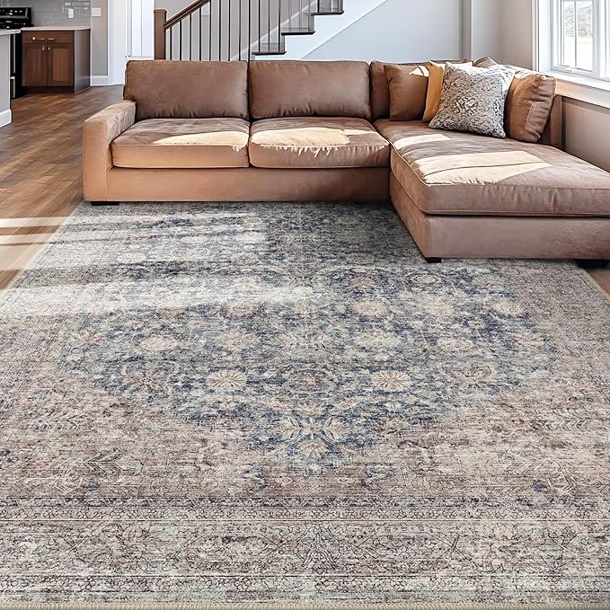 Vintage Living Room Rug, 9x12 Area Rug Large Washable Rugs for Bedroom, Soft Dining Room Carpet Non-Slip Non-Shedding Throw Rug for Farmhouse Indoor Kids Playroom (Teal/Antique 9x12)