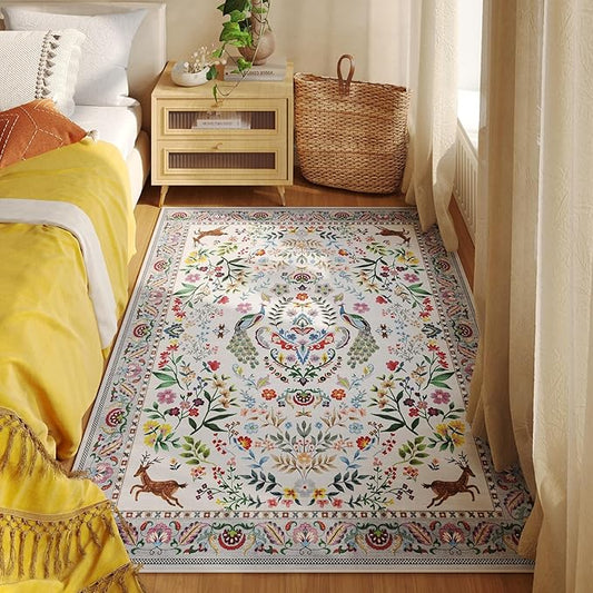 3x5 Rug Washable Area Rug Floral Office Rug Non Slip Small Carpet for Bedroom, Bedside, Kitchen, Entryway, Kids Room, Office(Colorful)