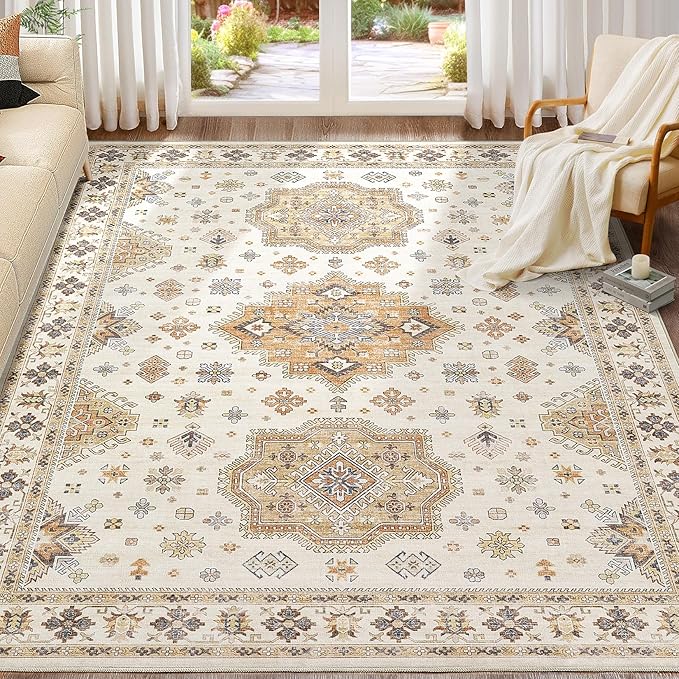Washable Area Rugs for Living Room -10x14 Neutral Vintage Distressed Floral Farmhouse Boho Large Soft Floor Rug Indoor Non Slip Carpet for Living Room Bedroom Dining Room Office - Orange/Yellow/Beige