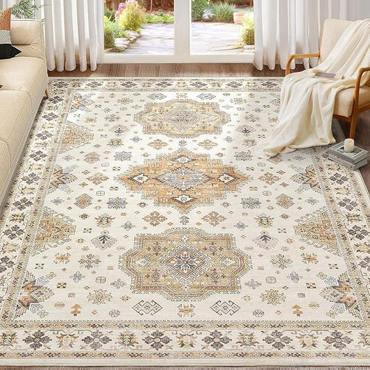 Washable Area Rugs for Living Room -9x12 Neutral Vintage Distressed Floral Farmhouse Boho Large Soft Floor Rug Indoor Non Slip Carpet for Living Room Bedroom Dining Room Office - Orange/Yellow/Beige